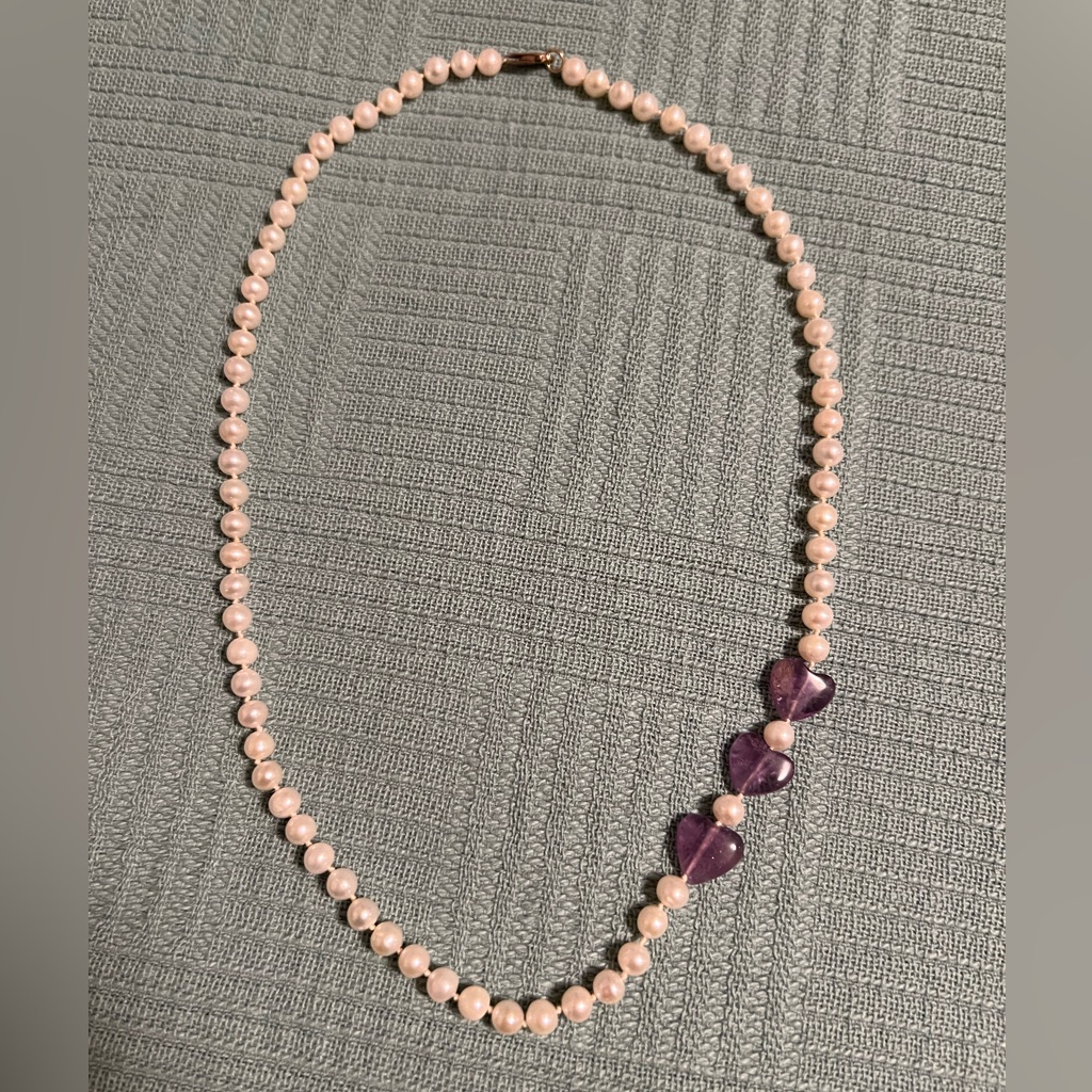 New Hand Knotted Freshwater Pearl And Amethyst Heart Necklace Gold Filled Clasp